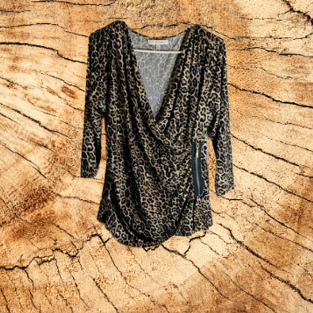 Ellen Tracy Large 3/4 sleeve animal print polyester blend stretch woman's blouse